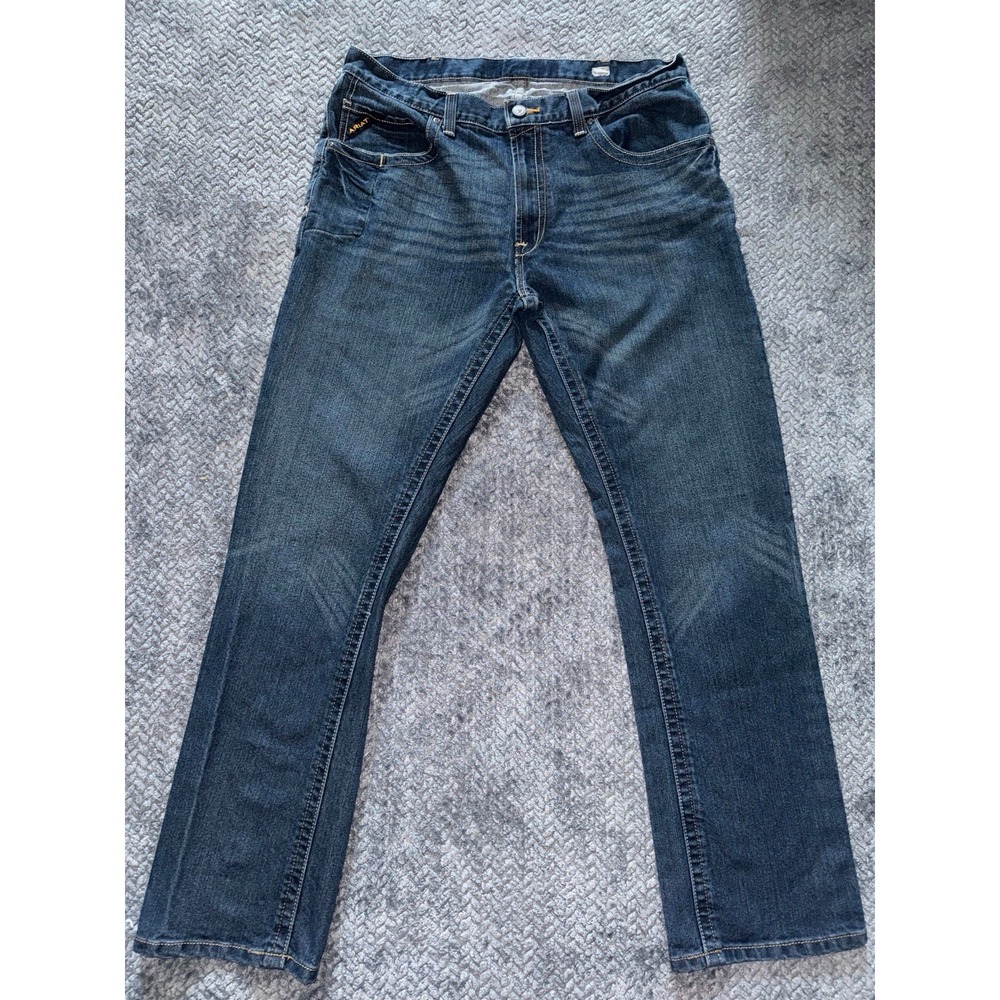Ariat Men's Rebar Straight Leg Dark Wash Blue Denim Distressed Size 38